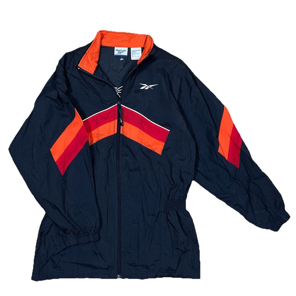 VTG 90's Reebok Windbreaker Jacket Full Zip Orange Navy Black Stripe Womens XL